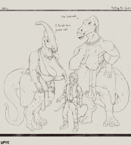 absurd_res anthro areola beak breasts clothed clothing dinosaur female grade_3_ptosis group hi_res human jewelry male mammal mature_female necklace nipples prehistoric_species ptosis reptile scalie tail topless trio upai