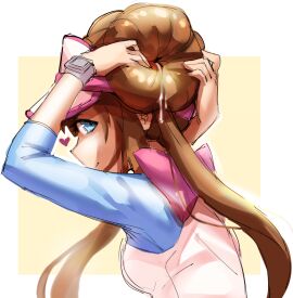 1girls after_sex bangs blue_eyes borvar bow breasts brown_hair clothed clothed_female clothing cum cum_in_hair cum_in_hairbun double_bun female hair hair_bun hair_fetish hair_focus hair_pull hairbun heart inviting inviting_to_fuck looking_at_viewer nintendo pink_bow pokemon pokemon_bw2 pulling_hair raglan_sleeves rosa_(pokemon) sidelocks solo solo_focus spreading twintails visor visor_cap what