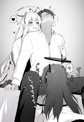 1boy 2girls anger_vein blue_archive blush clenched_teeth collared_shirt female ffm_threesome gradient_background greyscale group_sex halo heart highres implied_fellatio jacket long_hair long_sleeves male mechanical_halo millennium_science_school_student monochrome multiple_females multiple_girls noa_(blue_archive) open_mouth pants seminar_(blue_archive) sensei_(blue_archive) shirt short_hair sitting smile spoken_anger_vein spoken_heart straight teeth tennen_inari threesome two-sided_fabric two-sided_jacket two_side_up yuuka_(blue_archive)