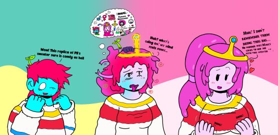 adventure_time blue_skin brainwashed brainwashing breast_expansion breast_growth breast_growth_(enlargement) breasts character_tf crown cute_face dot_eyes female feminization gender_transformation hypnosis long_hair lord-enemil male male_to_female mind_alteration oc original_character pink_hair pink_skin ponytail princess_bubblegum sequence simple_background spiral spiral_eyes sweater tongue tongue_out touching_breast transformation transformation_sequence