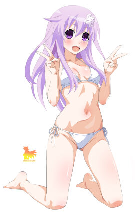 anime_nose bikini bikini_bottom bikini_top double_peace_sign hair_ornament happy happy_female light-skinned_female light_purple_hair light_skin lilac_hair metaminegl navel nepgear neptunia_(series) no_nose open_mouth open_mouth_smile purple_eyes shiny_skin shiny_thighs side-tie_bikini side-tie_bikini_bottom solo tareme v_sign violet_eyes white_background white_bikini
