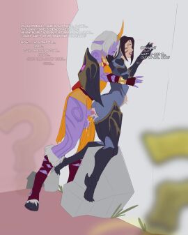 1_horn 2girls against_wall animal_genitalia_on_humanoid announcing_orgasm arm_tattoo ass balls big_breasts breasts celestial_(league_of_legends) cum_in_pussy cumflated_belly cumflation cumming female from_behind futa_on_female futanari gloves horn horsecock horsecock_on_humanoid intersex kai'sa large_breasts league_of_legends long_hair multiple_females multiple_girls open_mouth penis pink_body pointy_ears pussy riot_games sex skiifj soraka standing standing_sex stomach_bulge testicles text vaginal_penetration vaginal_sex