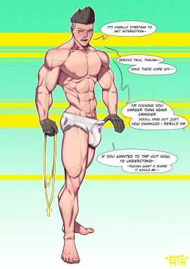 1boy bara bulge cyberpunk:_edgerunners cyberpunk_2077 david_martinez_(edgerunners) english_text male male_focus male_nipples male_only muscular muscular_male mygetawayart netflix nipples penis penis_outline solo_male underwear yaoi