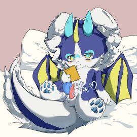 bed blue_body blue_wings caluo dragon duo furniture genitals kemono male male/male mythological_creature mythological_scalie mythology penis scalie wings yellow_wings
