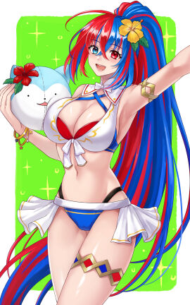 1girls :d absurdres alear_(female)_(seaside_dragon)_(fire_emblem) alear_(fire_emblem) alear_(fire_emblem)_(female) arm_up armpits bangle bare_shoulders bikini blue_eyes blue_hair bracelet breasts cleavage commentary cowboy_shot criss-cross_halter female female_only fire_emblem fire_emblem_engage fire_emblem_heroes flower hair_flower hair_ornament halterneck hand_up hazuki_(nyorosuke) heterochromia highres holding jewelry large_breasts long_hair looking_at_viewer multicolored_hair navel nintendo open_mouth ponytail red_eyes red_flower red_hair revealing_clothes smile solo sommie_(fire_emblem) standing stomach streaked_hair swimsuit thighlet thighs very_long_hair yellow_flower