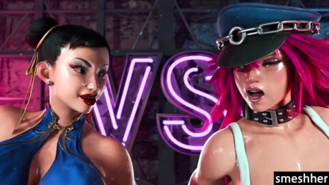 69_position ahe_gao asian_female big_ass big_breasts big_penis breeding brown_hair chun-li cum_in_pussy final_fight futa_on_female futanari gigantic_balls gigantic_penis long_hair makeup pink_hair poison_(final_fight) short_hair smeshher street_fighter tagme video