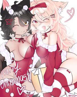 2girls black_hair breast_squish breasts christmas_outfit dark-skinned_female dark_skin female fluffy_tail fox_ears fox_girl inviting pink_hair remiune teasing winking winking_at_viewer