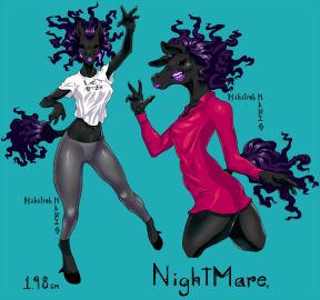 3_mouths 4_fingers black_eyes clothed dark_skin demon draw eldritch_abomination female female_only furry furry_only hooves horse horse_girl leggings lipstick monster multi_mouth nightmare_(nihilishn) nihilishn no_sex oc original_character purple_hair shirt sweater tail taller_female text