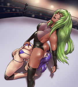 2girls ass bare_shoulders barefoot big_breasts bikini breasts catfight cleavage commission defeat face_in_ass facesitting female femdom grabbing_another's_breast green_hair groping highres large_breasts long_hair multiple_females multiple_girls navel original pixiv_commission purple_eyes purple_hair red_eyes sitting sitting_on_face sitting_on_person swimsuit tagme theearnestp thighhighs wrestling yuri