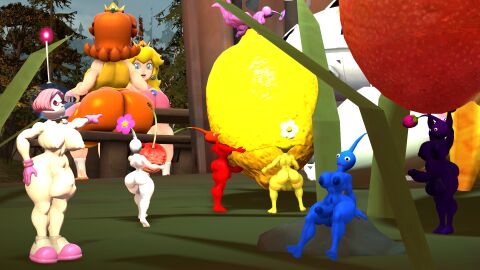 3d 3d_(artwork) balls brittany_(pikmin) bulge cherry company_connection crossover forest_background futa_only futanari hyper_penis intersex kabalmystic_(style) lemon mario_(series) nintendo orange_shorts penis penis_in_food pikmin pikmin_(species) princess_daisy princess_peach sitting_on_rock spaceship spaghettis_(artist) strawberry uncanny_valley