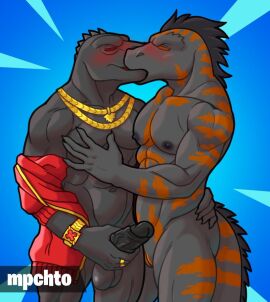 abs abstract_background ambiguous_gender animal_humanoid anthro ass clothing cuntboy duo echo_(game) echo_(series) echo_project flynn_moore genitals grey_body hand_on_ass hand_on_butt hand_on_chest hand_on_penis humanoid intersex intersex/male jewelry kissing lizard male male/male mpchto muscular muscular_anthro muscular_male orange_body penis reptile scalie scalie_humanoid tail thunder_(fortnite) undressing