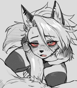 2025 absurd_res anthro big_penis blush bodily_fluids canid canid_demon canine canis clothing demon duo erection femboy ftm_crossgender genitals hellaverse hellhound helluva_boss hi_res humanoid_genitalia humanoid_penis legwear looking_at_viewer loona_(helluva_boss) male male/male mammal mythological_canine mythological_creature mythology nefitail penis rule_63 sweat sweatdrop wolf