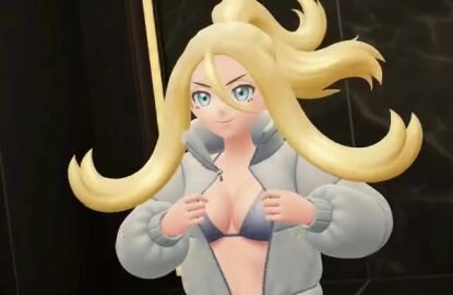 3d animated bikini blonde-haired_female blonde_female blonde_hair blonde_hair_female blue_eyes blue_eyes_female game_freak grey_bikini grok korrina_(pokemon) nintendo pokemon pokemon_legends:_z-a shorter_than_10_seconds silver_bikini stripping_game taking_clothes_off video