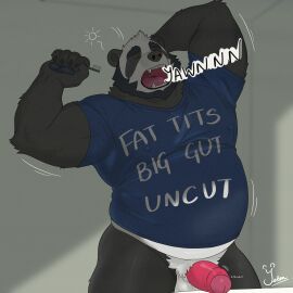 1:1 absurd_res anthro balls bear beard belly blue_clothing blue_shirt blue_t-shirt blue_topwear bottomless brush chubby_cheeks clothed clothing erection facial_hair foreskin genitals giant_panda hi_res huge_filesize humanoid_genitalia humanoid_penis just_woke_up male mammal nipple_outline open_mouth overweight overweight_anthro overweight_male pawpads paws penis shirt shirt_only slightly_chubby solo stomach_bulge t-shirt t-shirt_only teeth_showing throbbing throbbing_penis toothbrush topwear topwear_only yawn yawning_position yetsu yetsupanda
