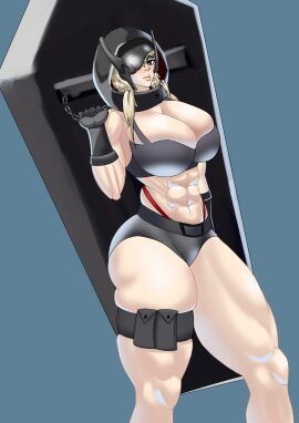abs armor armour ass barthone big_ass big_breasts blonde_hair blue_eyes breasts female gloves goddess_of_victory:_nikke grave_(nikke) high_waisted_thong hood huge_ass huge_breasts large_ass large_breasts muscular muscular_female muscular_thighs short_shorts thick_ass thick_thighs thigh_strap thong
