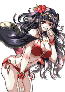 1girls alternate_costume bangs bare_thighs bent_over bikini biting_finger black_hair breasts capelet cleavage female female_only fire_emblem fire_emblem_awakening fire_emblem_heroes grin large_breasts long_hair looking_at_viewer nintendo o-ring official_alternate_costume pink_eyes red_bikini red_swimsuit skindentation smile solo swimsuit tharja_(fire_emblem) thighs underboob violet_migu18 white_background