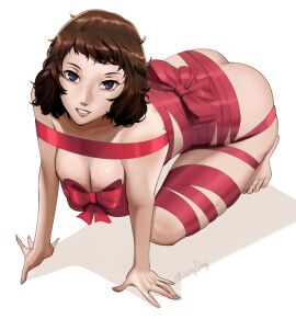 1girls ass atlus bare_shoulders breasts brown_eyes brown_hair christmas cleavage completely_nude medium_hair megami_tensei naked_female on_all_fours on_knees persona persona_5 ribbon sadayo_kawakami sexy_pose smile solo solo_female wrapped wrapped_up