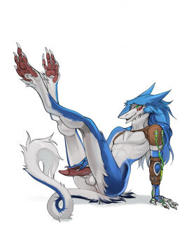 anthro anus ass balls blue_body blue_fur digital_media_(artwork) erection feet feet_up fur genitals green_eyes hi_res looking_at_viewer male markings multicolored_body multicolored_fur nude penis raesheris red_markings sergal simple_background solo tail two-tone_body two-tone_fur white_body white_fur