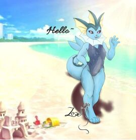1boy beach big_cock big_penis cock femboy femboy_only male male_vaporeon nipples penis pokemon pokemon_(species) purple_eyes sand_castle sea sky_blue_body swimsuit vaporeon