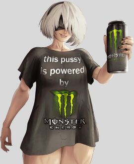 1girls black_blindfold black_hairband black_shirt blindfold breasts can clothes_writing commentary covered_eyes drink_can english_commentary female fingernails hairband highres holding holding_can lips looking_at_viewer medium_breasts meme_attire mole mole_under_mouth monster_energy monster_energy_drink nier:_automata nier_(series) no_pants oversized_clothes oversized_shirt shirt short_hair short_sleeves simple_background smile solo straight-on t-shirt thick_thighs thighs white_background white_hair yoracrab yorha_2b