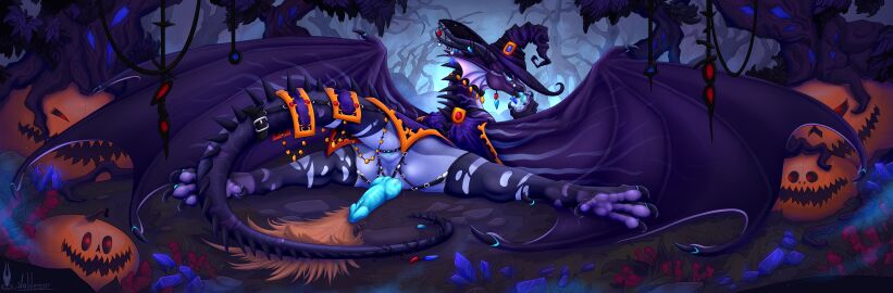 absurd_res anus ass big_butt blue_anus blue_tongue blue_vulva claws dragon female feral firael genitals hi_res looking_at_viewer membrane_(anatomy) membranous_wings morkep mythological_creature mythological_scalie mythology penetration purple_body purple_claws purple_membrane purple_scales raised_tail scales scalie solo strapon tail tongue tongue_out vaginal_penetration valdemar_fordragon vulva wings witch_costume