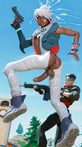 ass balls big_ass big_butt big_penis bones_(fortnite) brown_skin dick exposed_ass exposed_penis finn_maw_(fortnite) fortnite fortnite:_battle_royale gay gun male penis pistol rifle ripped_clothing ripped_pants scoutfuntf2 slim_male twink vest white_hair white_pants young_male