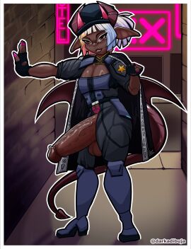 black_skin dark_alley darkadibuja demon horns huge_cock male orange_eyes penis police_uniform white_hair wings
