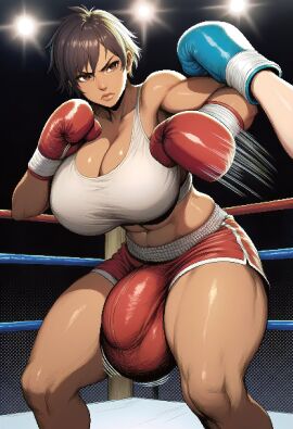 1futa abs ai_generated big_balls big_breasts big_penis boxing boxing_gloves boxing_ring boxing_shorts brown_hair bulge bulge_through_clothing cleavage dickgirl futa_focus futa_only futanari huge_balls lips original_character pixel_art shorts sudospritez tank_top thick_thighs tomboy toned