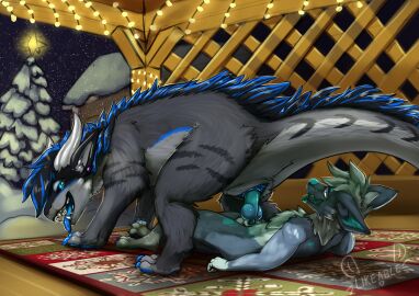 absurd_res animal_genitalia animal_penis anthro canid canine canine_genitalia canine_penis canis christmas dragon feral fluffy genitals gift hi_res holidays likeablemouse male mammal mythological_creature mythological_scalie mythology penis scalie wolf