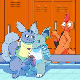 1:1 3boys accessory anthro balls blue_body blue_eyes blush claws duo ear_piercing erection fangs frottage generation_1_pokemon generation_5_pokemon genitals green_body green_eyes grumpy hand_on_hip hug humanoid_genitalia humanoid_penis leroy_mirage locker_room male male/male male_only markings nidorina nintendo nude orange_body penile penis piercing pokemon pokemon_(species) pokiedragon25 ring rule_63 scrafty sex shell smug_face tail tail_tuft teeth tuft tufted_ears wartortle
