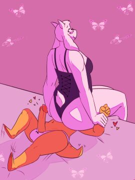 alphys anthro ass bed big_ass big_butt big_penis blush clothing dominant dominant_female dominatrix dracozhilla duo eyewear facesitting female female/female femdom furniture futanari genitals gentle_femdom glasses heart_symbol hi_res humanoid intersex kick larger_female panties penis restrained restrained_arms shadow sitting_on_another size_difference slightly_chubby smaller_female smile tail tail_motion tailwag toriel undertale undertale_(series) underwear