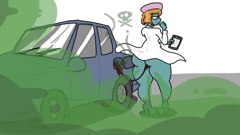 alien beret blonde_hair blue_skin car fart farting female heels labcoat naked scat scientist smell thinking