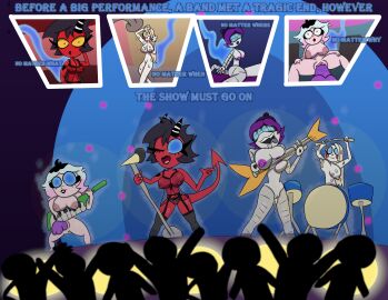 breasts charlie_morningstar_(hazbin_hotel) demon demon_girl demon_horns dildo dildo_in_pussy emberlynn_pinkle emberlynn_pinkle_(human_form) ghost hazbin_hotel helluva_boss inverted_nipples lingerie millie_(helluva_boss) murder_drones possessed possession pussy robot robot_girl stage stage_show tcross text uzi_(murder_drones) wet