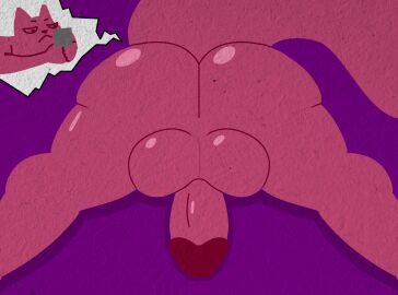 anthro ass atlasfugged balls big_ass big_balls big_butt bubble digital_media_(artwork) electronics erection fur genitals glans glistening glistening_body half-closed_eyes hi_res humanoid hunter_(rain_world) looking_at_device male male/male mammal narrowed_eyes nude on_phone penis penis_backwards phone pink_body pink_fur rain_world simple_background slugcat slugcat_humanoid solo tail videocult