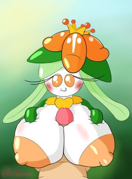 1boy 1girls 2d 2d_(artwork) :3 big_breasts big_penis blush breasts breasts_bigger_than_head crown eyelashes female flower flower_on_head generation_5_pokemon hand_on_breast hi_res huge_nipples human humanoid lilligant long_hair looking_at_viewer male nipples orange_eyes orange_nipples penis philahorns plant_girl pokemon pokemon_(species) pokemon_bw tagme video_game_character video_games white_body