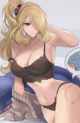 1girls alternate_hairstyle arm_support artist_name bite_mark black_bra black_panties black_scrunchie blonde_hair bra breasts cleavage commentary crop_top cynthia_(pokemon) english_commentary female game_freak garchomp gen_4_pokemon gible grey_eyes grey_sweater hair_ornament hair_over_one_eye hair_scrunchie hand_on_own_head highres large_breasts long_hair messy_hair navel nintendo off_shoulder panties parted_lips poke_ball_hair_ornament pokemon pokemon_(creature) pokemon_dppt scrunchie side_ponytail simple_background sleeping solo strap_slip sweater tommy_(kingdukeee) underwear waking_up