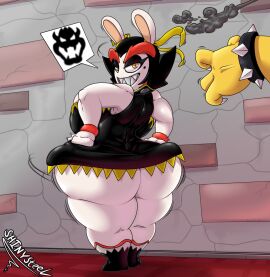 2024 anthro ass big_breasts big_butt black_hair boots bowser bracelet breasts clothing dress duo edge_(mario_+_rabbids) female footwear hair hi_res huge_breasts huge_butt huge_hips huge_thighs jewelry kanya_(mario_+_rabbids) kanya_(mario_plus_rabbids) koopa lagomorph leporid looking_at_viewer looking_back male mammal mario_(series) mario_+_rabbids mario_+_rabbids:_sparks_of_hope mario_bros markings mole_(marking) nintendo offscreen_character rabbid rabbit raving_rabbids rayman_(series) scalie sharp_teeth shinysteel shoes signature smile solo_focus speech_bubble spiked_bracelet spikes teeth thick_thighs ubisoft white_body wide_hips yellow_eyes