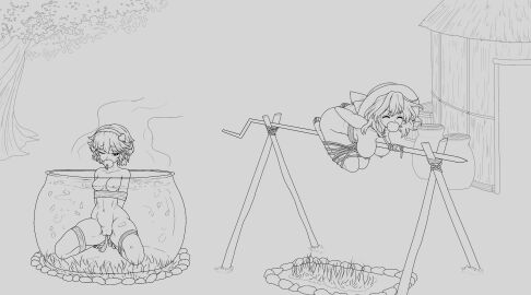 2girls apple_in_mouth boiled_alive boiling bondage cannibalism cauldron cooking_pot cooking_vore female gynophagia improvised_gag koishi_komeiji line_art literal_spitroast restrained roast roasting roasting_spit satori_komeiji tied_up touhou traced
