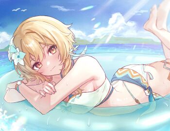 1girls 2d 2d_(artwork) alternate_costume blonde_hair day female female_focus female_only flowers flowers_in_hair genshin_impact high_resolution highres light-skinned_female light_skin looking_at_viewer lumine_(genshin_impact) lumine_(hot_springs)_(genshin_impact) lying lying_down naya_nya23 ocean official_alternate_costume outdoors short_hair sky slim_female solo solo_female solo_focus summer water white_flowers yellow_eyes young younger_female