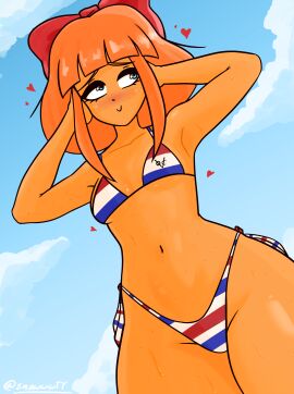 1girls armpits bikini blue_eyes bob_cut breasts cloud contact_lens dutch_east_india_company dutch_flag dyed_hair female flag_bikini freckles freckles_on_arms freckles_on_body freckles_on_chest freckles_on_face freckles_on_thighs heart japanese_female looking_to_the_side mymy_schoppenboer ongezellig orange_hair orange_skin outside pinup sky small_breasts snowwwy_(artist) sweat sweatdrop sweating sweaty thick_thighs thighs underboob