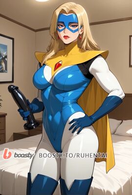 ai_generated aqua_eyes ass ass_focus athletic athletic_female bed bedroom blazer blonde_blazer blonde_female blonde_female/blonde_male blonde_hair blue_eyes breasts covered_navel covered_nipples covered_pussy dance dancer dancing dildo dispatch dispatch_(game) eyeshadow hero hero_outfit jewelry large_breasts latex long_hair looking_at_viewer makeup mask mask_removed masked masked_female milf red_lips red_lipstick tagme video video_game video_game_character video_game_franchise video_games