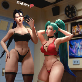 1080p 1:1_aspect_ratio 2girls 3d 3d_(artwork) abs alternative_costume aqua_eyes aqua_hair arms_behind_back artist_name asian_female bangs bare_shoulders belly biceps black-framed_eyewear black_choker black_clothes black_nails black_underwear blender blender_cycles blue_eyes blue_hair blurry bra breasts brown_eyes cellphone choker classroom clothing contrapposto cowboy_shot crop_top door doorknob earrings english_language english_text eyewear eyewear_on_head facial_mark fan female female_only forehead green_hair hair_between_eyes hair_ornament hairclip hand_on_hip hands_on_hips high_ponytail high_res high_resolution holding holding_object holding_phone indoors iphone jewelry k/da_all_out_kai'sa k/da_all_out_seraphine k/da_all_out_series kai'sa large_breasts league_of_legends leg_strap legwear light_skin light_switch lingerie looking_at_object looking_at_phone looking_at_viewer midriff muscle_tone muscles nail_polish navel parted_lips patreon_logo patreon_username phone pixel pixiv_username ponytail poster_(object) red_underwear seraphine_(league_of_legends) sgejinx_(artist) smartphone smile speaker sports_bra stockings text thighhighs tied_hair twitter_username underwear username very_long_hair