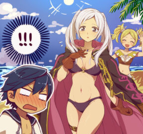 1boy 2girls :d :o alluring bikini blonde_hair blue_eyes blue_hair blush brother_and_sister cape chibi chrom_(fire_emblem) closed_eyes day female fire_emblem fire_emblem_awakening fire_emblem_heroes fire_emblem_warriors hair_ornament hiyori_(rindou66) hood intelligent_systems lissa_(fire_emblem) long_hair male multiple_females multiple_girls navel nintendo open_mouth outside robin_(fire_emblem) robin_(fire_emblem)_(female) short_hair short_twintails siblings silf sky smile swimsuit twintails white_hair |d