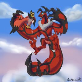 1:1 anus black_claws black_markings blue_eyes blue_sky claws cloud duo egg egg_laying erection female feral genitals glowing glowing_eyes grey_claws hi_res legendary_pokemon male markings narrowed_eyes nintendo open_mouth open_smile penis pokemon pokemon_(species) pokémon_(species) red_body red_penis sky smile talonflame tapering_penis yaoifairy yveltal