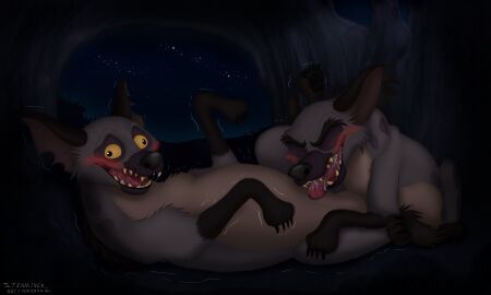 absurd_res banzai_(the_lion_king) blush bodily_fluids cave cum digital_media_(artwork) digital_painting_(artwork) disney drooling ed_(the_lion_king) elephant_graveyard erection fellatio feral genital_fluids genitals hi_res hyena male male/male mammal markings night oral painting_(artwork) penile penis saliva sex spots spotted_hyena spread_legs spreading stenminer tail teeth the_lion_king