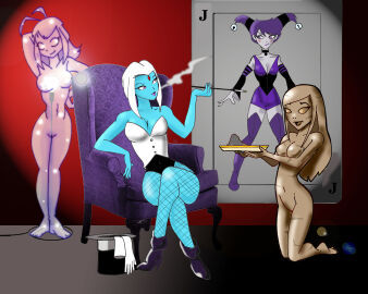 absurdres blue_skin boots bottomless breasts brown_hair cigarette collar corruption dc dc_comics female female_only femdom femsub fingerless_gloves fishnets gloves happy_trance hat human_furniture hypnotic_smoke hypnotic_smoking inspector97 jinx_(dc) kneeling kole large_breasts magician mumbo_jumbo_(dc) nude petrification pink_eyes pink_hair purple_hair rachel_roth ravebo raven_(dc) short_hair sitting smoke smoking statue super_hero tara_markov teen_titans terra_(dc) thighhighs topless western