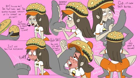 1boy 1girls 2d 2d_(artwork) 2d_artwork 6_panel_comic ass balls balls_grab balls_sucking balls_worship blowjob blush blushing blushing_female bored_expression breasts brown_hair buckteeth burger burger_hat cock_awe cock_worship customer customer_service dan_vs. earpiece employee employee_uniform english_text exposing_penis exposing_self faceless_male fellatio female female_penetrated footlong freckles grey_skin hair hortence implied_fellatio implied_oral instant_loss jones_boi jonesbo50034805 large_balls large_penis male male/female male_penetrating male_penetrating_female multiple_panels oral partial_male penis penis_awe penis_on_face penis_worship pink_background pleasure_face sandwich_(food) sex sex_at_work shorts size_comparison squatting squeezing squeezing_balls sucking_balls tagme testicles tight_shorts touching touching_penis
