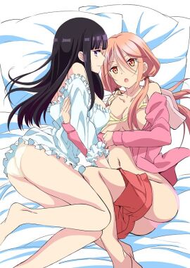2girls arched_back bangs barefoot bed bedroom belly_button big_breasts black_hair blush blush_lines blushing breasts cleavage collarbone cute cute_face eyelashes feet_out_of_frame female female_focus female_human female_only grabbing_another's_arm hair_between_eyes hair_tie holding_another's_arm human laying laying_down laying_on_back laying_on_bed laying_on_side legs_together lesbian lesbians light-skinned_female light_skin long_hair looking looking_at_viewer looking_up midriff mizushina_hotaru mouth_open netsuzou_trap okazaki_yuma orange_eyes orange_hair panties pigtails pillow pillows pink_clothing pink_panties purple_eyes red_shorts seductive seductive_eyes seductive_look seductive_pose seductive_smile sheets shorts sideboob simple_background solo_female surprised tied_hair undressing white_background white_clothing white_panties white_pillow white_sheets yellow_bra yuri