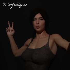 3d black_hair female female_only kissing lara_croft looking_at_viewer peace_sign selfie selfie_pose tanktop tomb_raider tongue tongue_out yeetiques