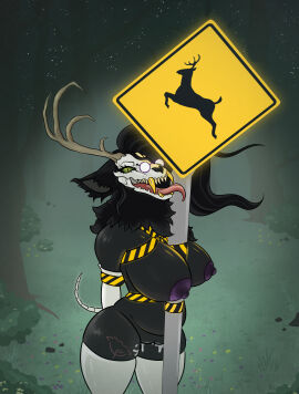 absurd_res american_mythology anthro antlers armwear belly big_breasts bodily_fluids bondage bone bound breasts caught caution_stripes clothing cryptid cum cum_drip deer detailed_background dripping eyewear female flower fog genital_fluids glasses gold_(metal) gold_tooth hi_res horn indigenous_north_american_mythology latex legwear licking mammal mythology night nightmare_waifu north_american_mythology outside pierogipie plant pole public_domain pussy reflective_clothing sign skull skull_dog sky solo star starry_sky tail thigh_highs tongue tongue_out tree vaginal_fluids wendigo wind wrapped